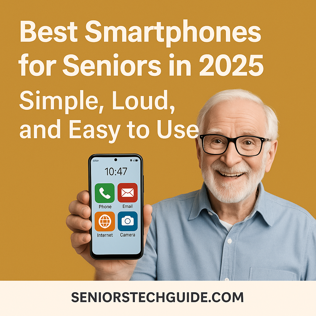 Smiling senior woman using a smartphone — featured image for SeniorsTechGuide's article on the best smartphones for seniors in 2025.
